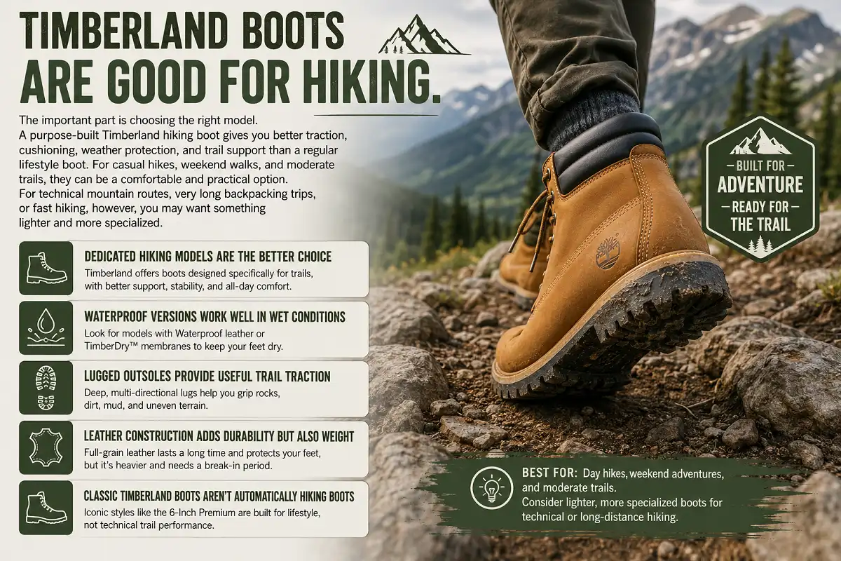 Timberland hiking boots on a rugged mountain trail with hiking tips