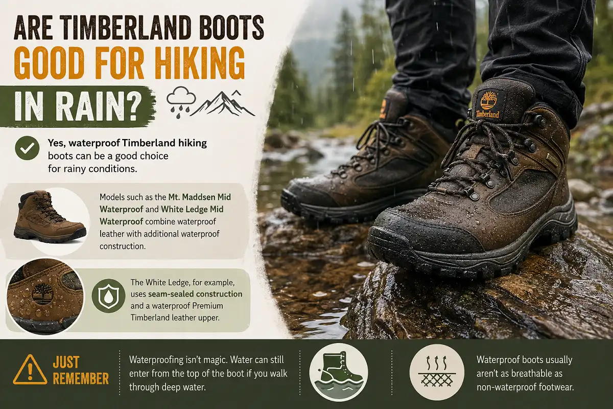Waterproof Timberland hiking boots on a rainy trail