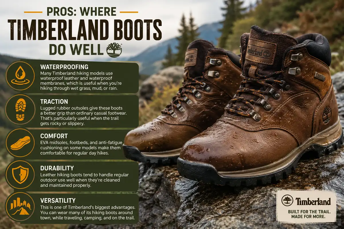 Timberland hiking boots showing waterproofing, traction, comfort, durability, and versatility