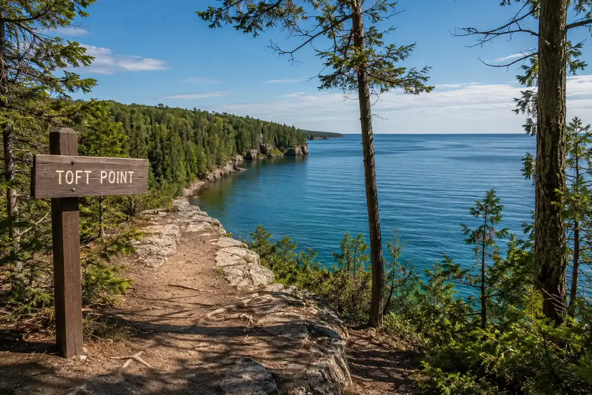 Scenic hiking trail at Toft Point in Door County Wisconsin along Lake Michigan