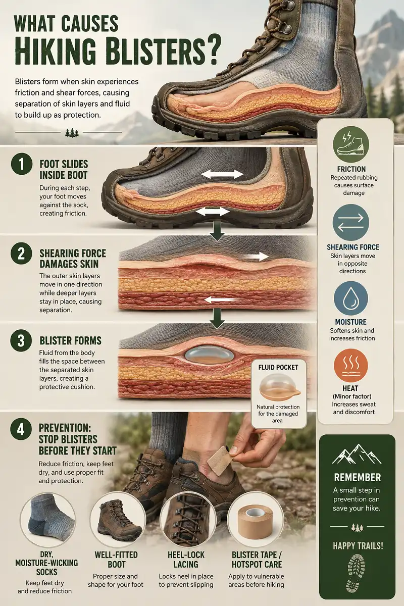 A step-by-step infographic showing how hiking blisters form when the foot slides inside a boot, creating shearing forces that separate skin layers and fill with protective fluid, along with prevention tips including dry socks, proper boot fit, heel-lock lacing, and early blister tape application.