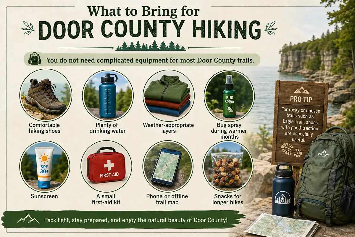 What to bring for Door County hiking including shoes, water, layers, bug spray and first aid kit