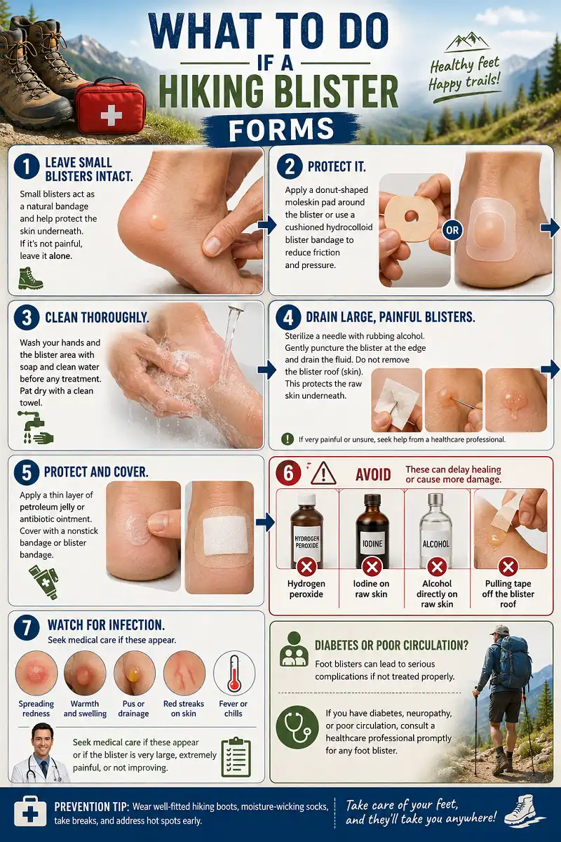A step-by-step infographic explaining how to safely treat a hiking blister, including protecting small blisters, draining large blisters correctly, dressing the wound, avoiding harmful treatments, and recognizing signs of infection that require medical attention.