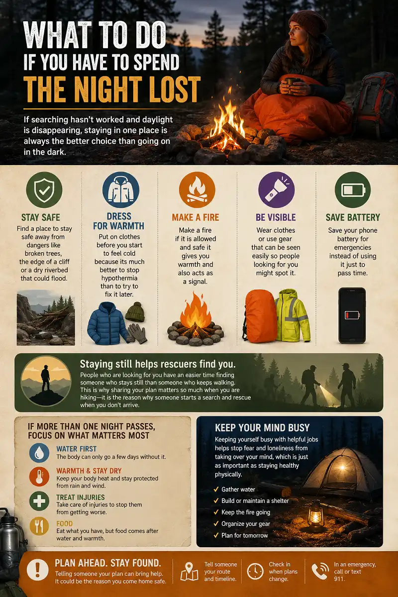 Infographic showing essential steps for spending the night safely when lost in the wilderness