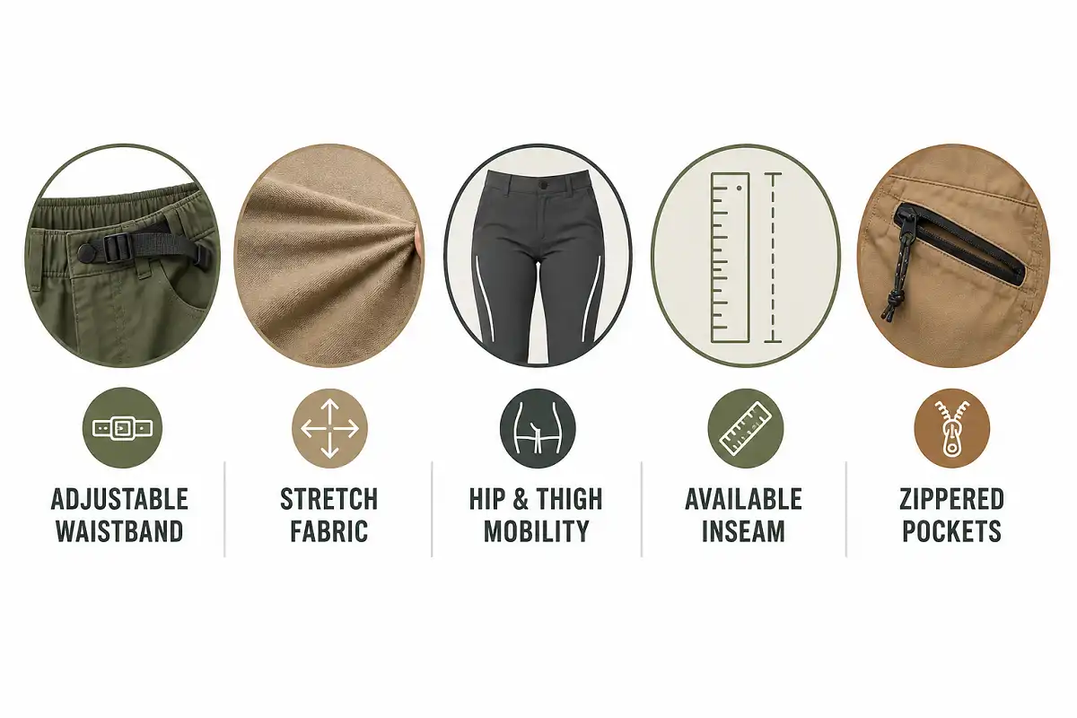 Infographic checklist of features to look for in the best hiking pants for curvy women