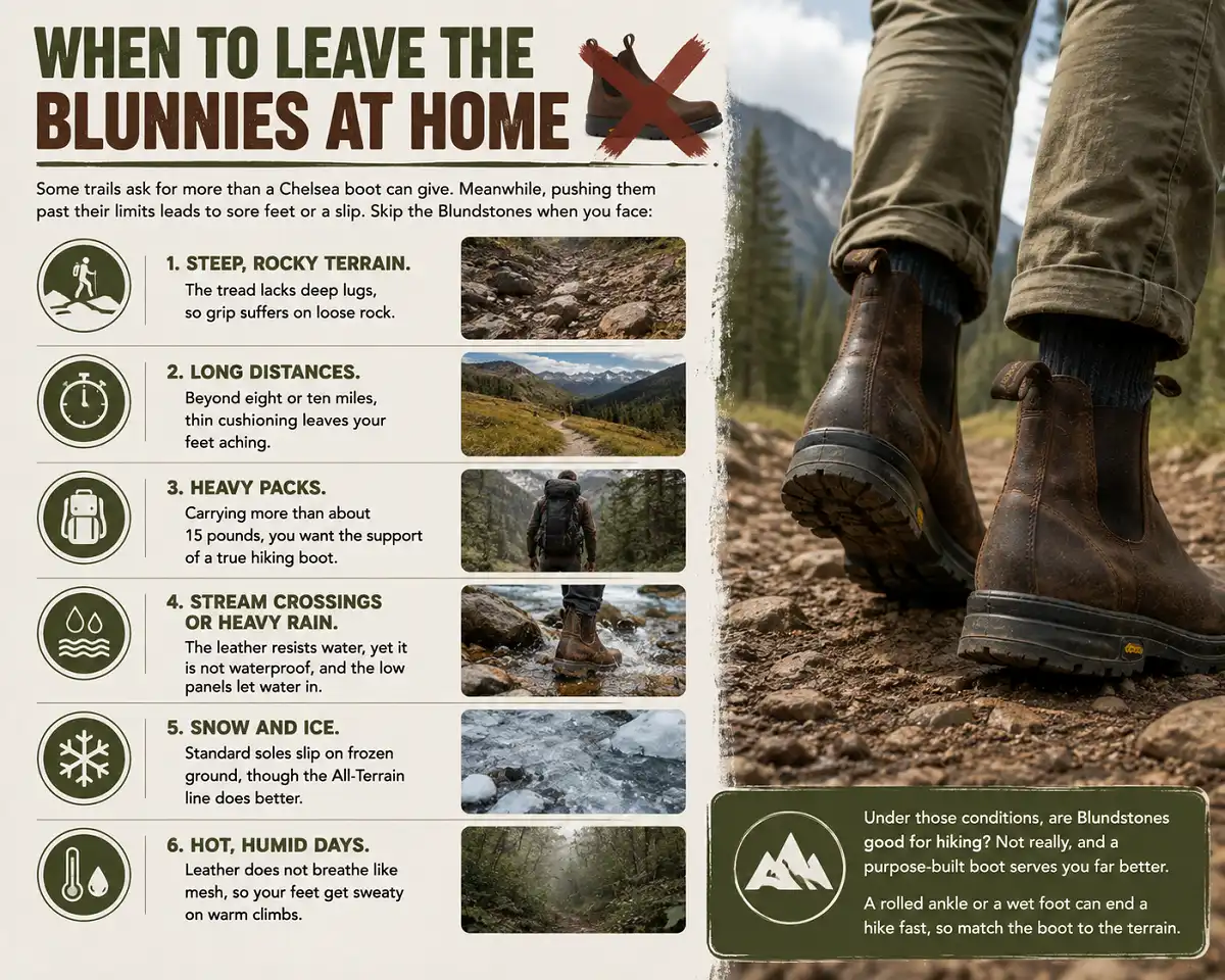 Infographic showing when to leave Blundstone boots at home for hiking