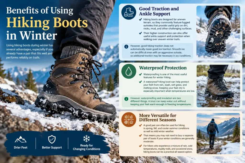 Winter hiking boots offering traction, waterproof protection, and seasonal versatility