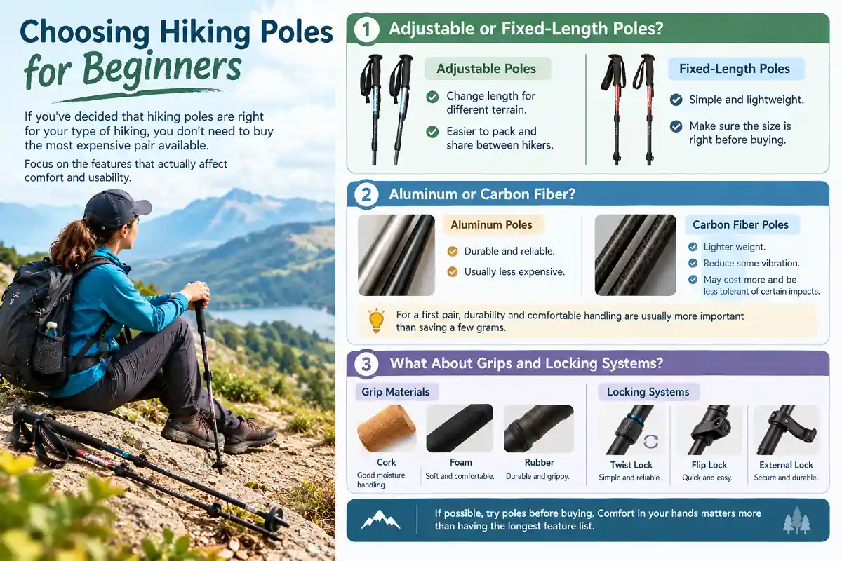 Beginner guide comparing adjustable, fixed-length, aluminum, and carbon fiber hiking poles.