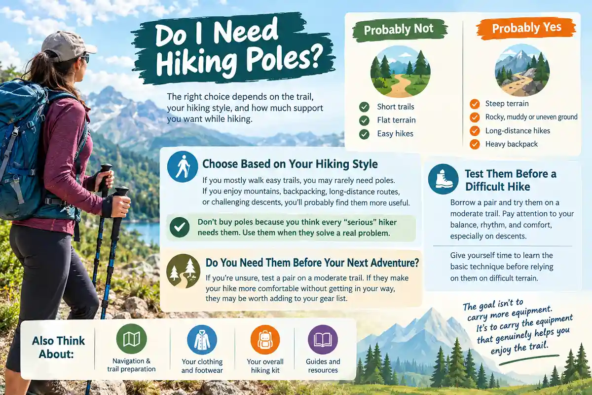 Woman hiking with poles beside an infographic showing when hiking poles are useful