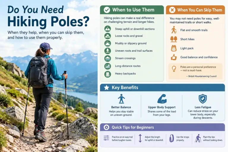 Hiker using trekking poles on a mountain trail with hiking pole tips and benefits infographic.