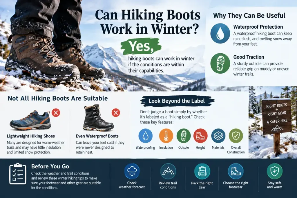 Winter hiking boots with waterproofing, traction, insulation, and snow protection