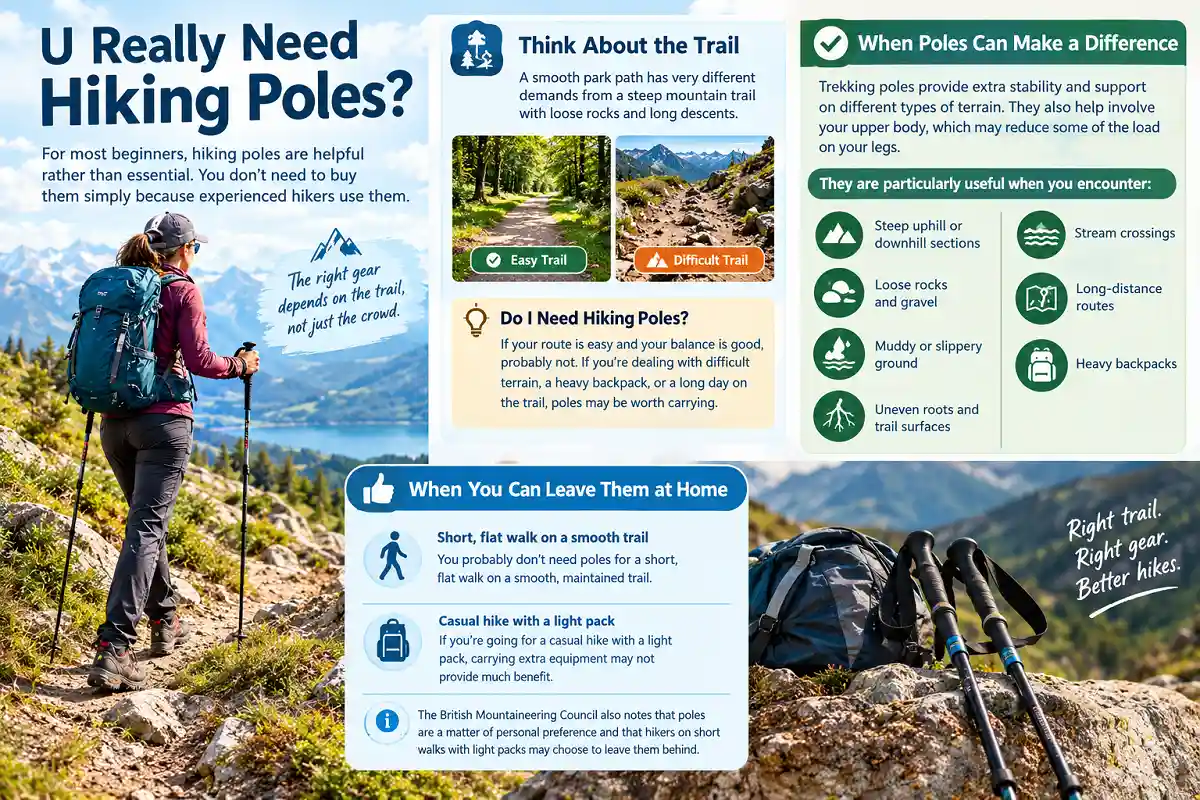 Hiker using trekking poles with an infographic showing when poles are useful.