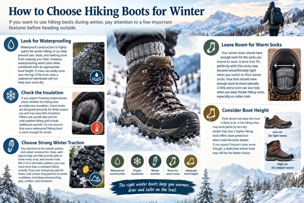Winter hiking boots with waterproofing, insulation, traction, sock room, and boot height tips