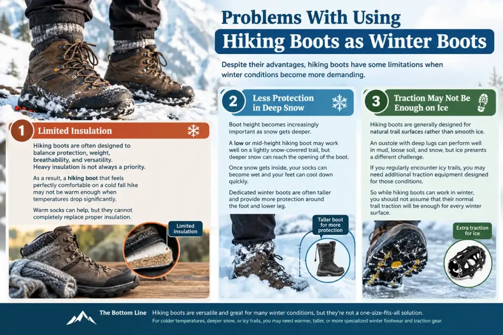 Hiking boots have limits in insulation, deep snow protection, and ice traction