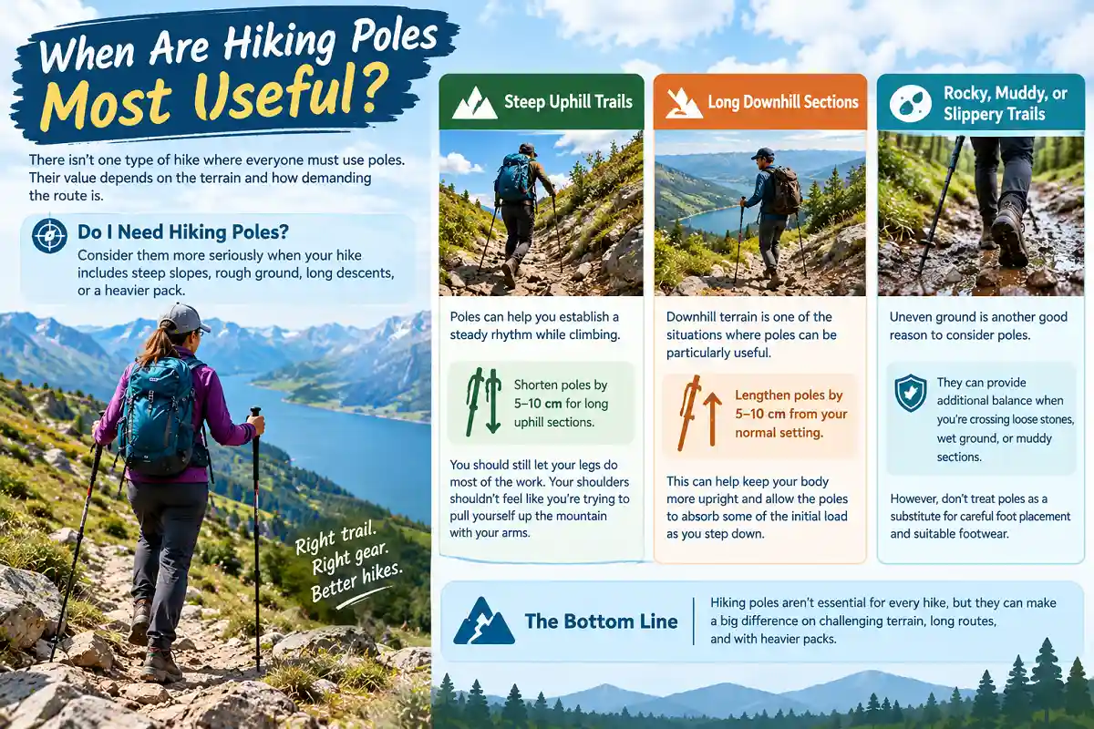 Hiking poles infographic showing steep climbs, long descents, and rocky or muddy trails.