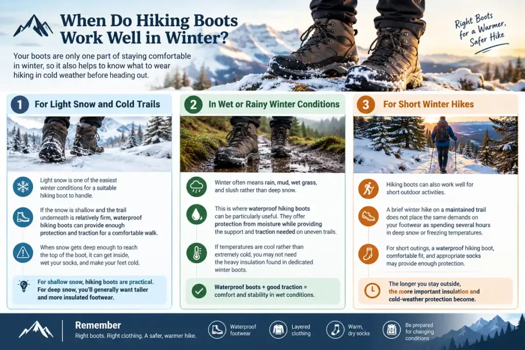 Winter hiking boots for light snow, rain, and short cold weather hikes