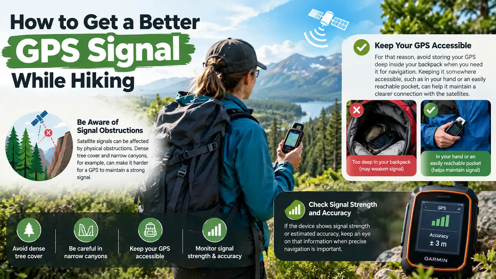 Infographic showing how to get a better GPS signal while hiking by avoiding obstructions and keeping the GPS accessible