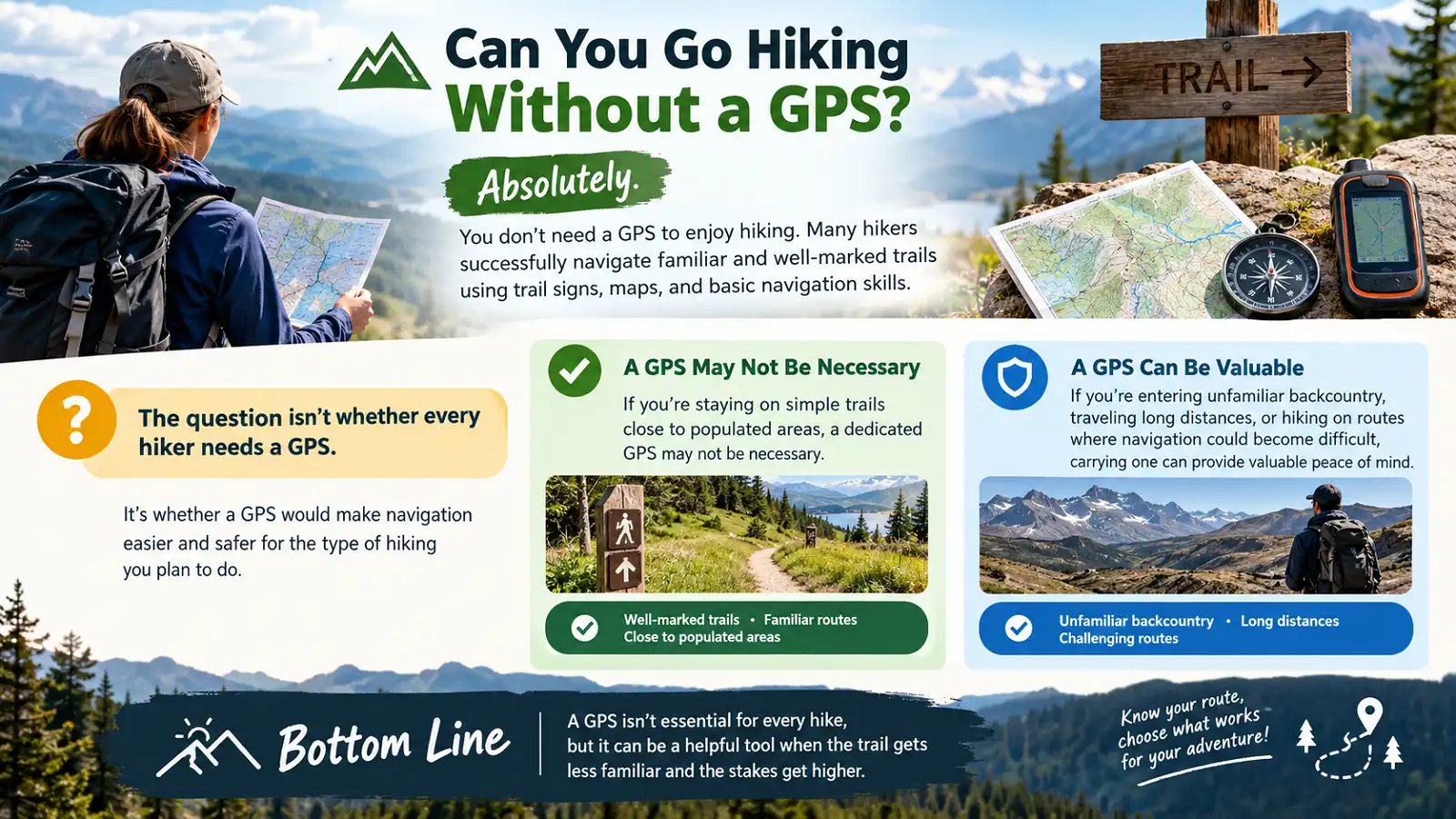 Can you go hiking without a GPS? Infographic comparing GPS-free hiking with situations where a GPS is valuable
