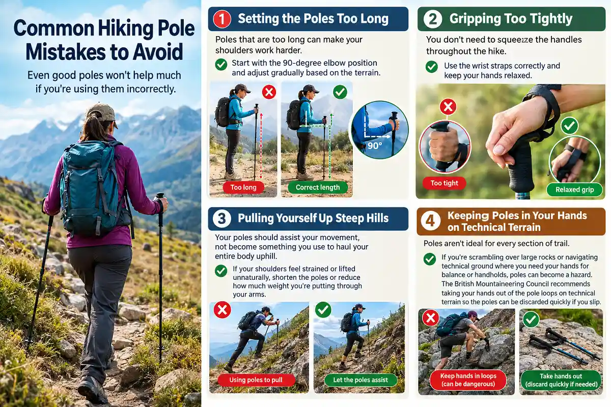Common hiking pole mistakes to avoid, including incorrect pole length, tight grip, pulling uphill, and using poles on technical terrain.