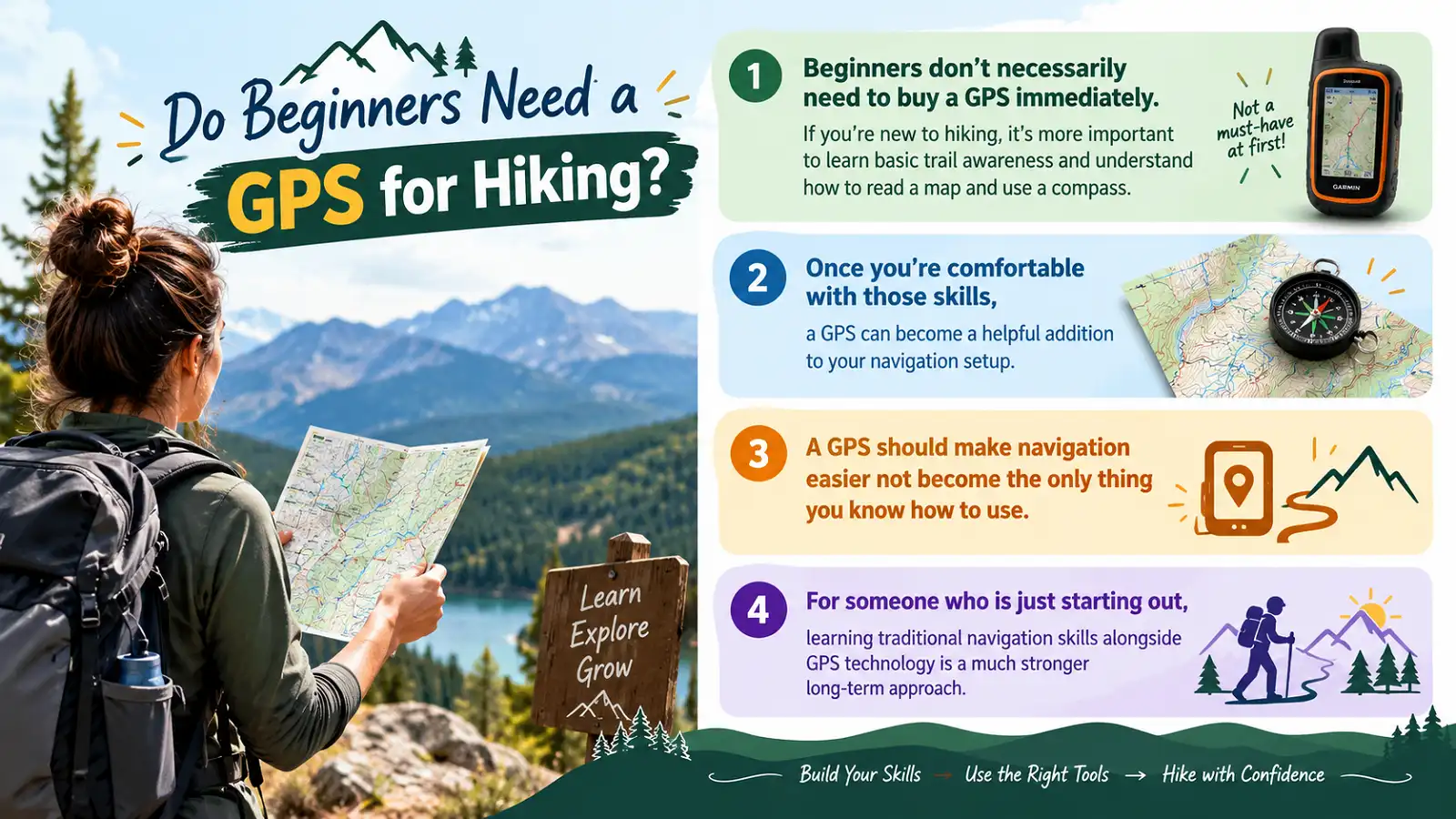 Do beginners need a GPS for hiking? Map, compass, and GPS navigation infographic for beginner hikers