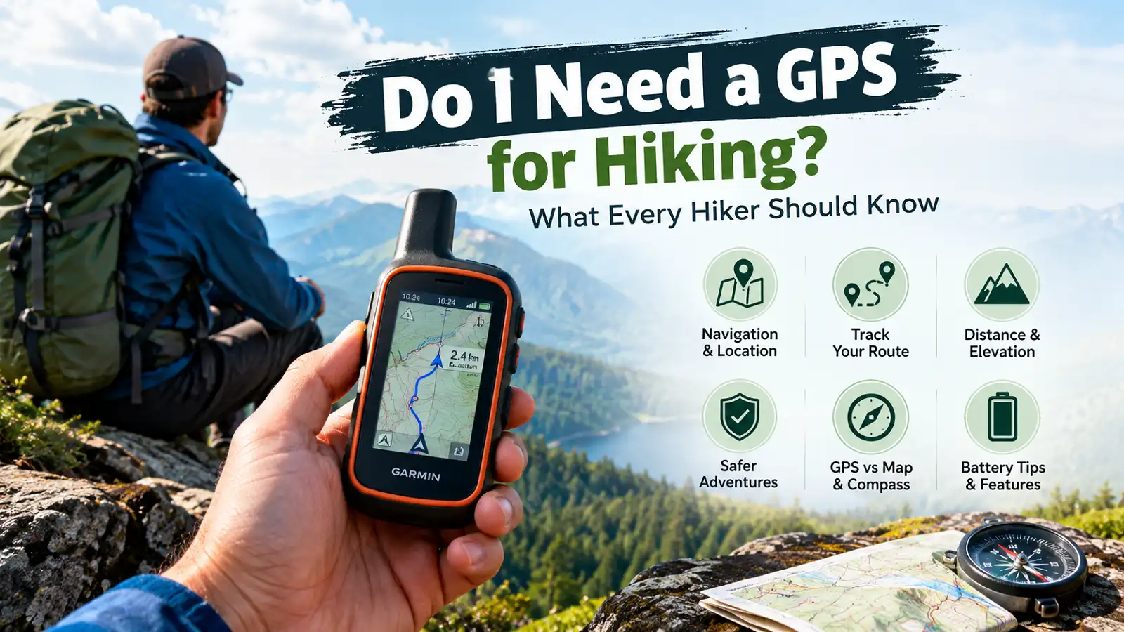 Do I need a GPS for hiking? Hiker using a GPS device for navigation with a map and compass