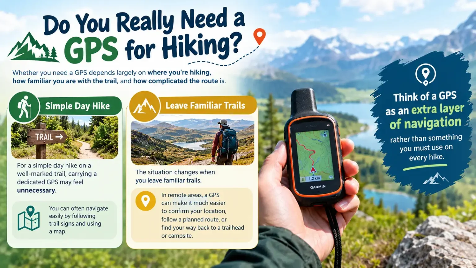 Do you really need a GPS for hiking infographic showing GPS navigation for simple and remote trails
