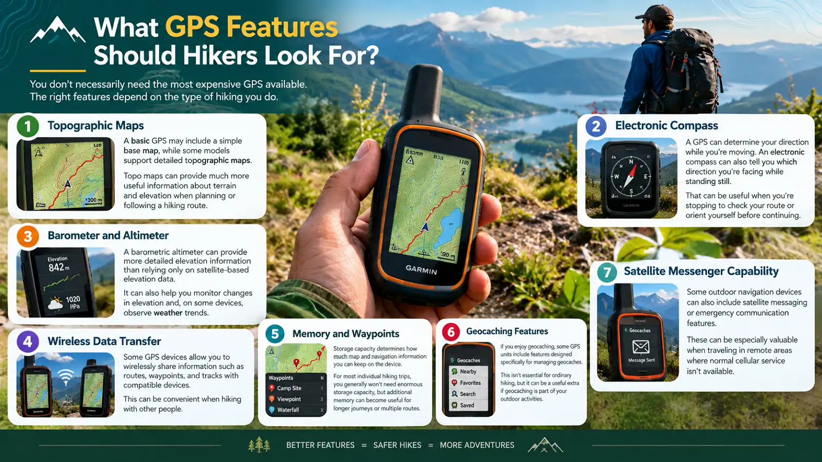 GPS features hikers should look for, including topographic maps, electronic compass, altimeter, wireless data transfer, memory, geocaching, and satellite messaging