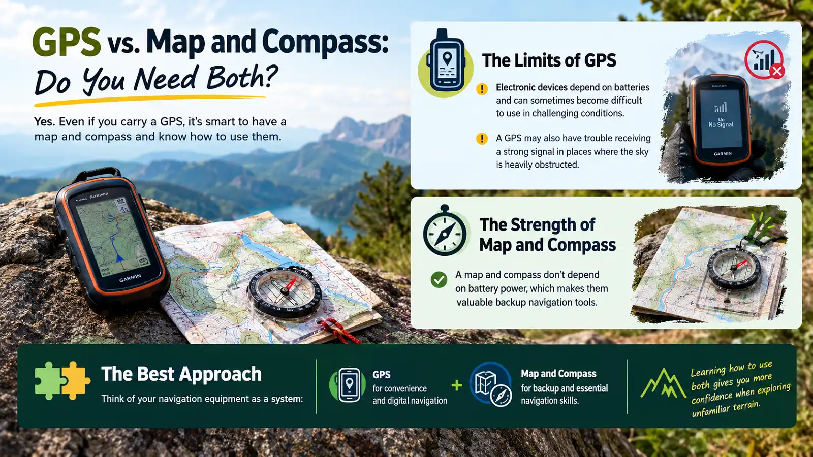 GPS vs. map and compass for hiking navigation, showing GPS limitations and the benefits of carrying a map and compass as backup tools