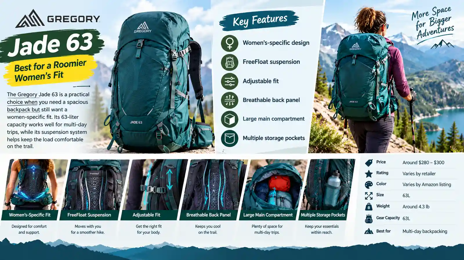 Gregory Jade 63 women’s hiking backpack with 63L capacity