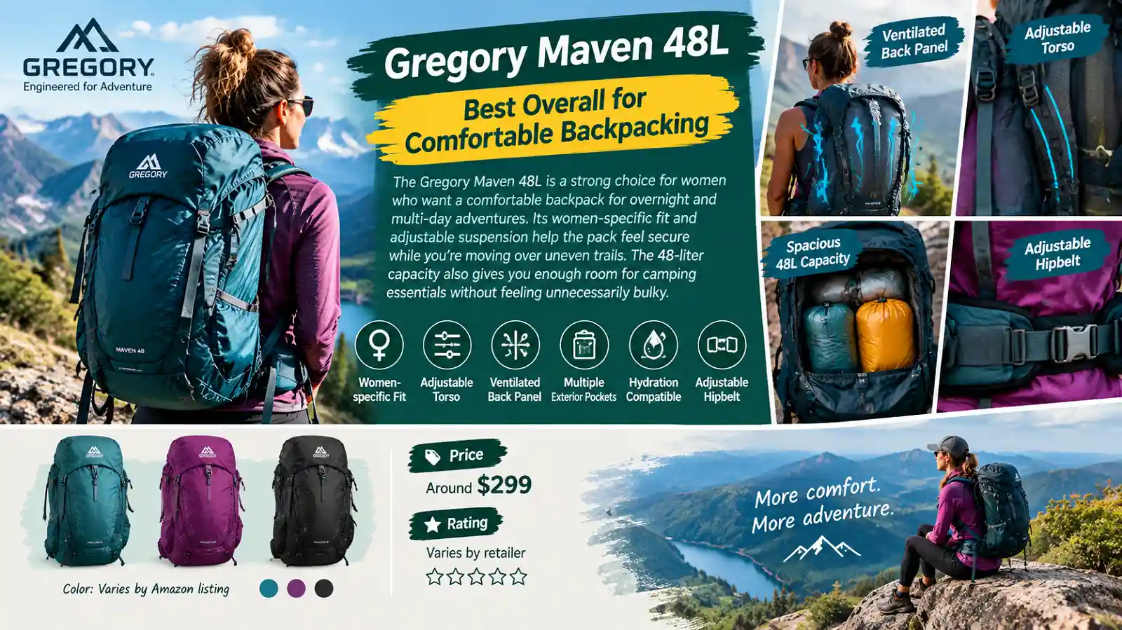Gregory Maven 48L best hiking backpack for women for comfortable multi-day backpacking