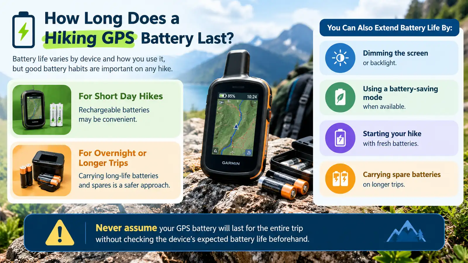 Hiking GPS battery life infographic showing battery-saving tips, rechargeable and spare batteries, and guidance for short and long hikes