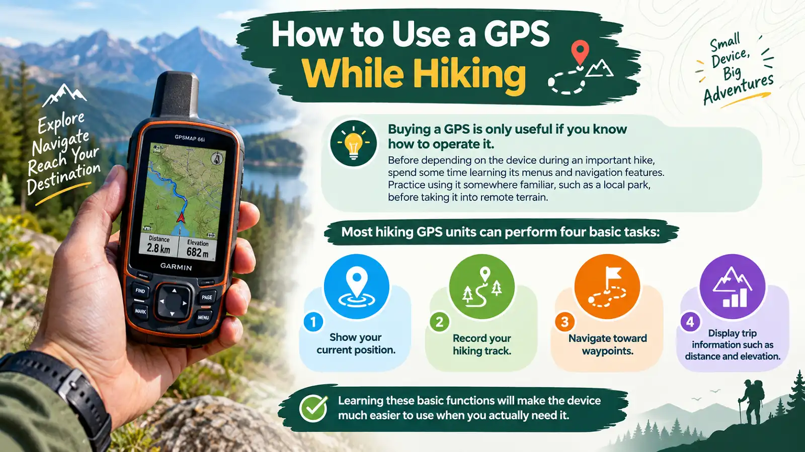 How to use a GPS while hiking showing four basic functions: current position, hiking track, waypoints, distance and elevation