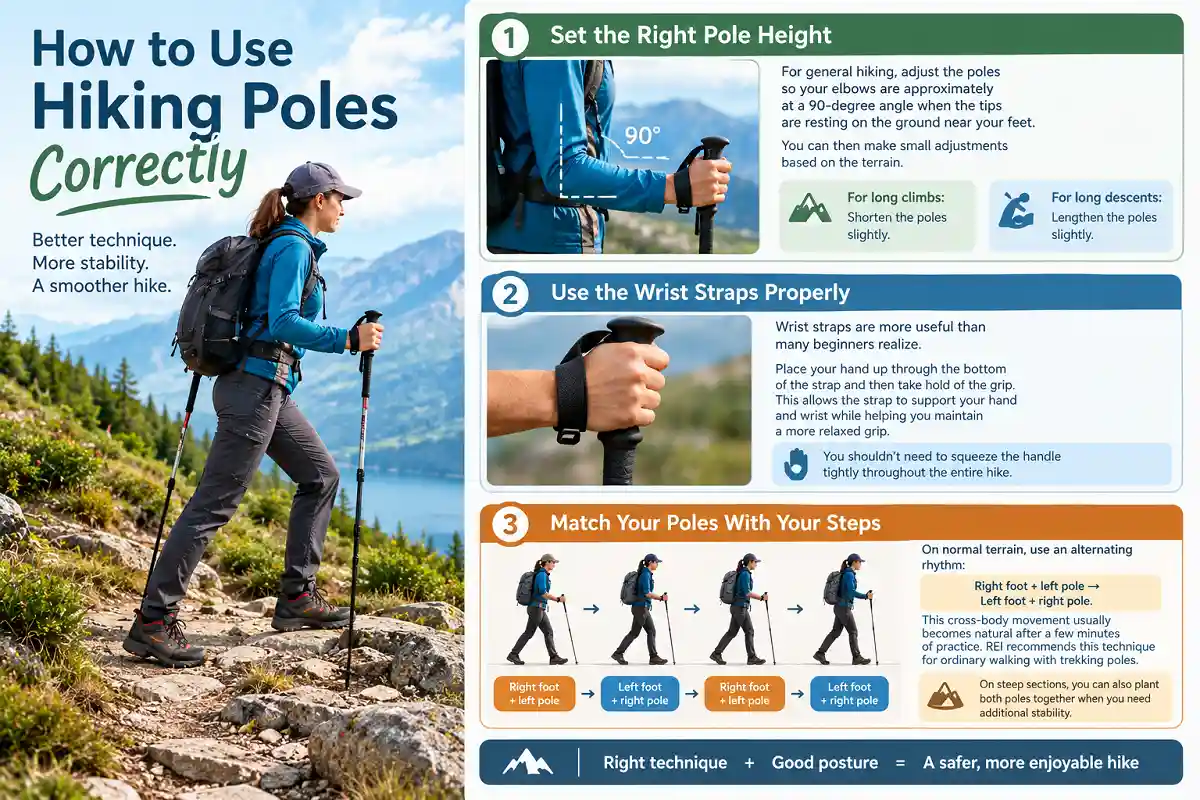 Hiker using trekking poles with infographic showing proper pole height, straps, and walking technique.