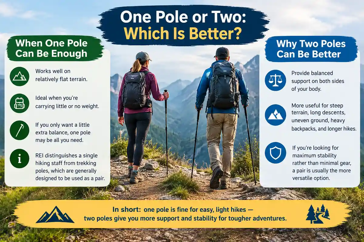 One pole vs two trekking poles for hiking, showing when a single hiking staff is enough and why two poles provide better balance and stability