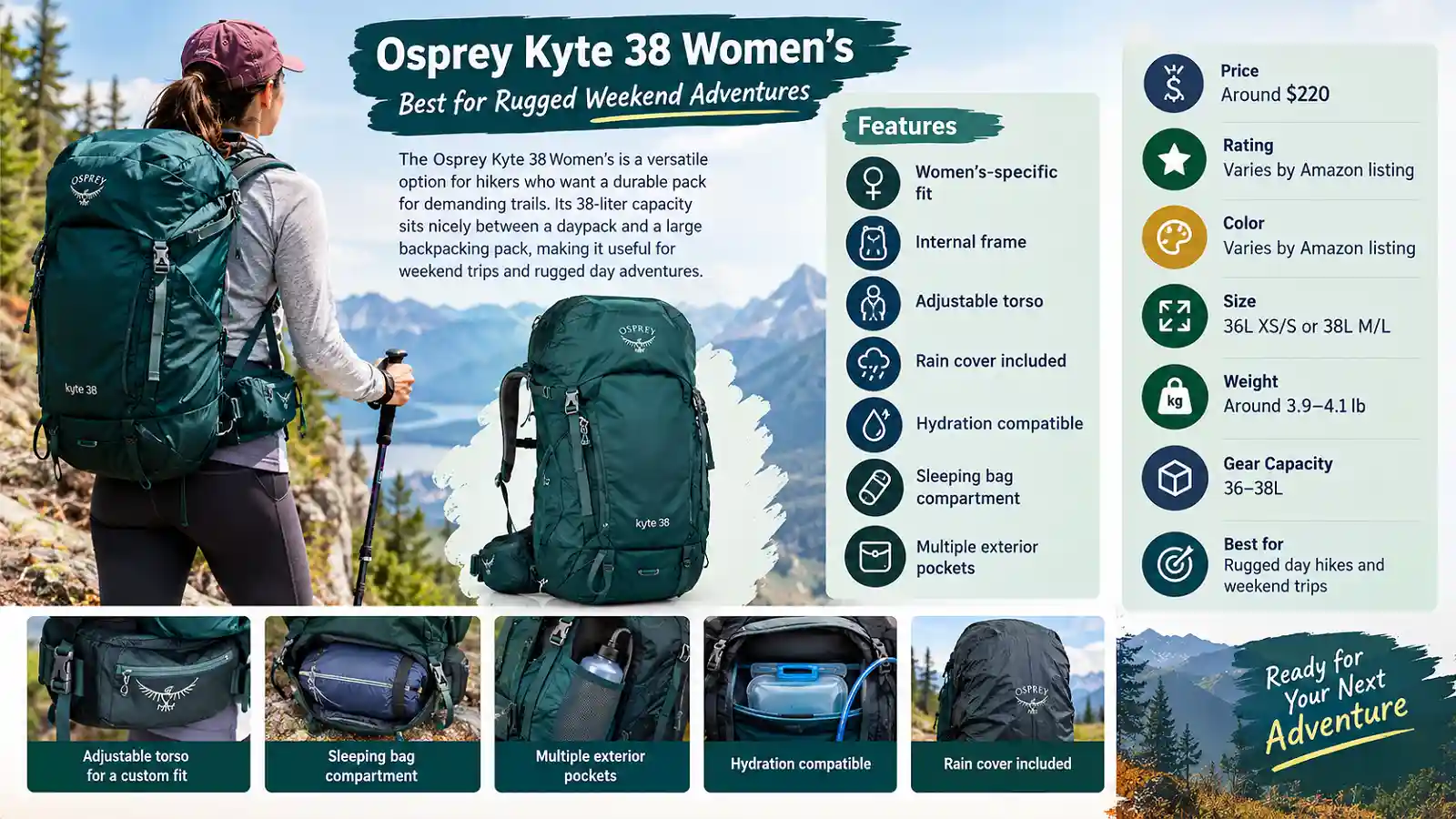 Osprey Kyte 38 Women’s hiking backpack for rugged weekend adventures