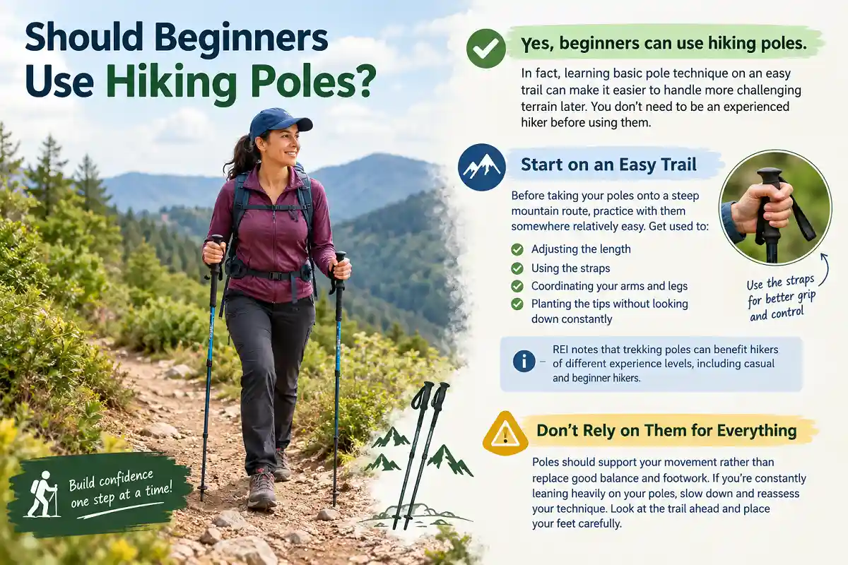 Should beginners use hiking poles infographic showing a hiker practicing trekking pole technique on an easy trail