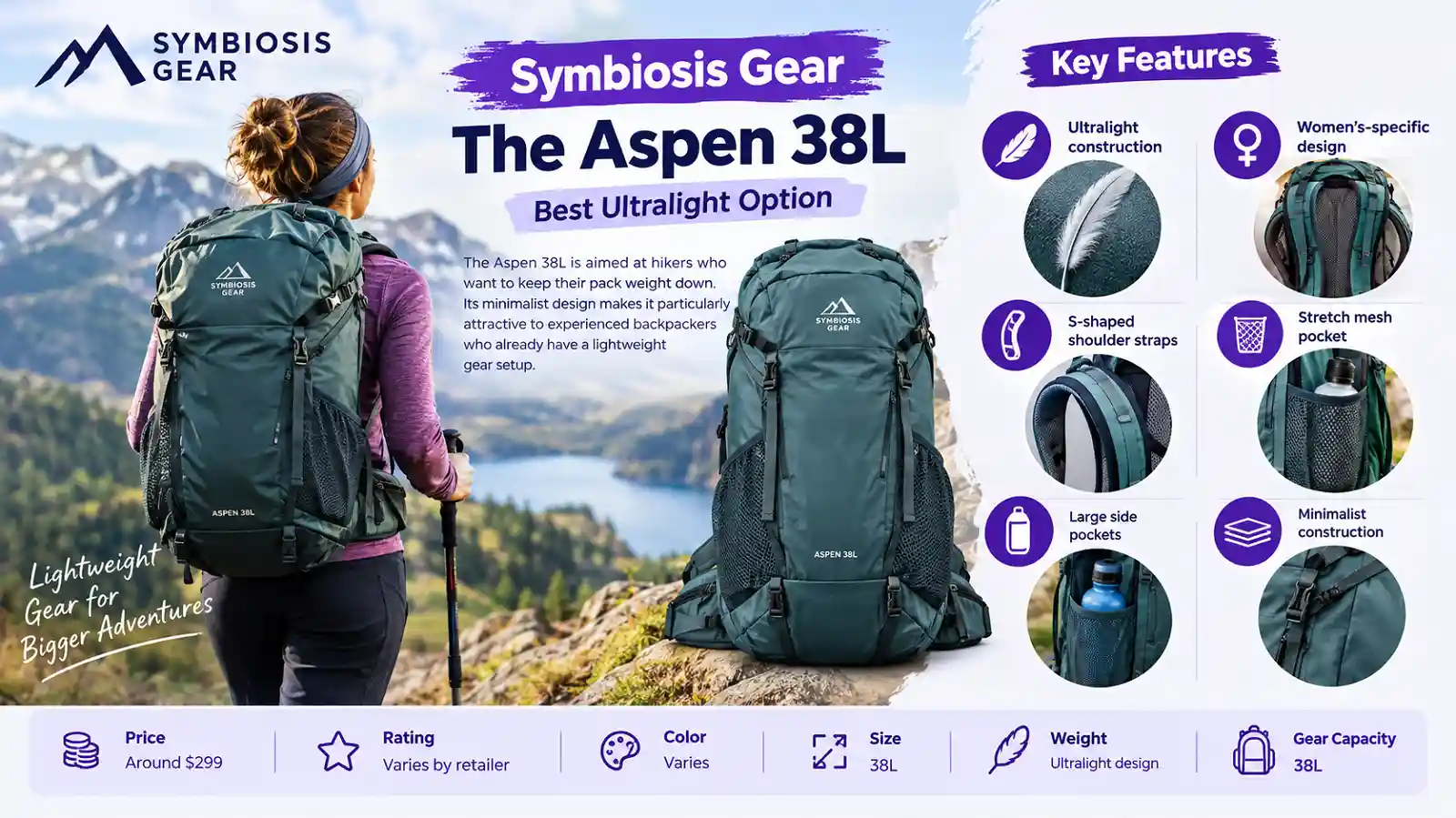 Symbiosis Gear Aspen 38L ultralight backpack for hiking