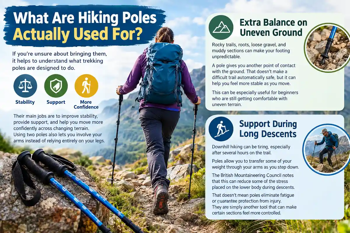 Hiker using trekking poles on uneven mountain terrain showing balance, support, and downhill hiking benefits