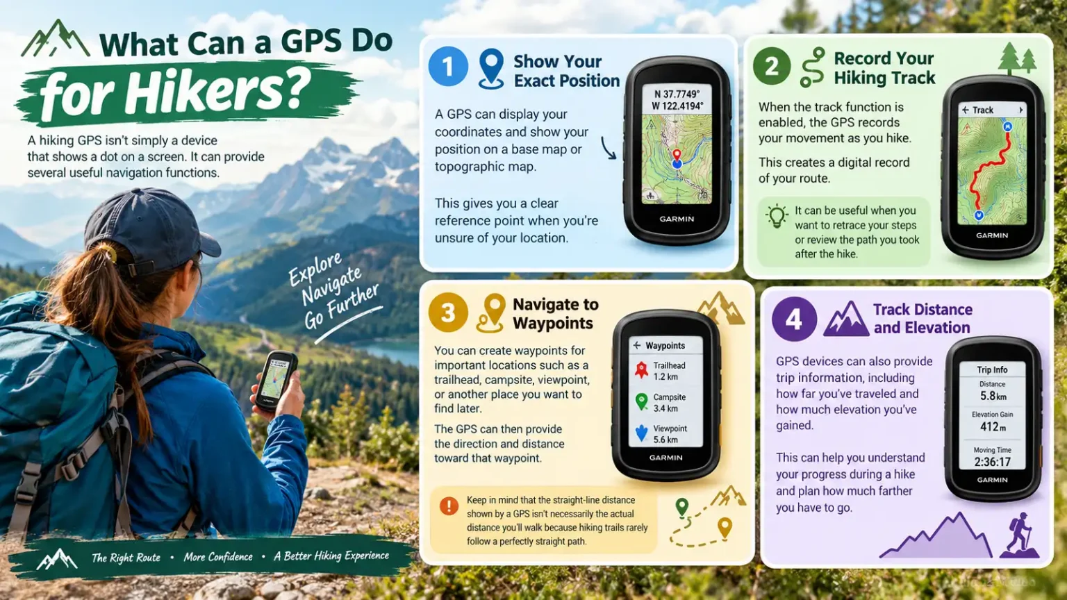 What can a GPS do for hikers infographic showing exact position, hiking track recording, waypoint navigation, distance, and elevation tracking
