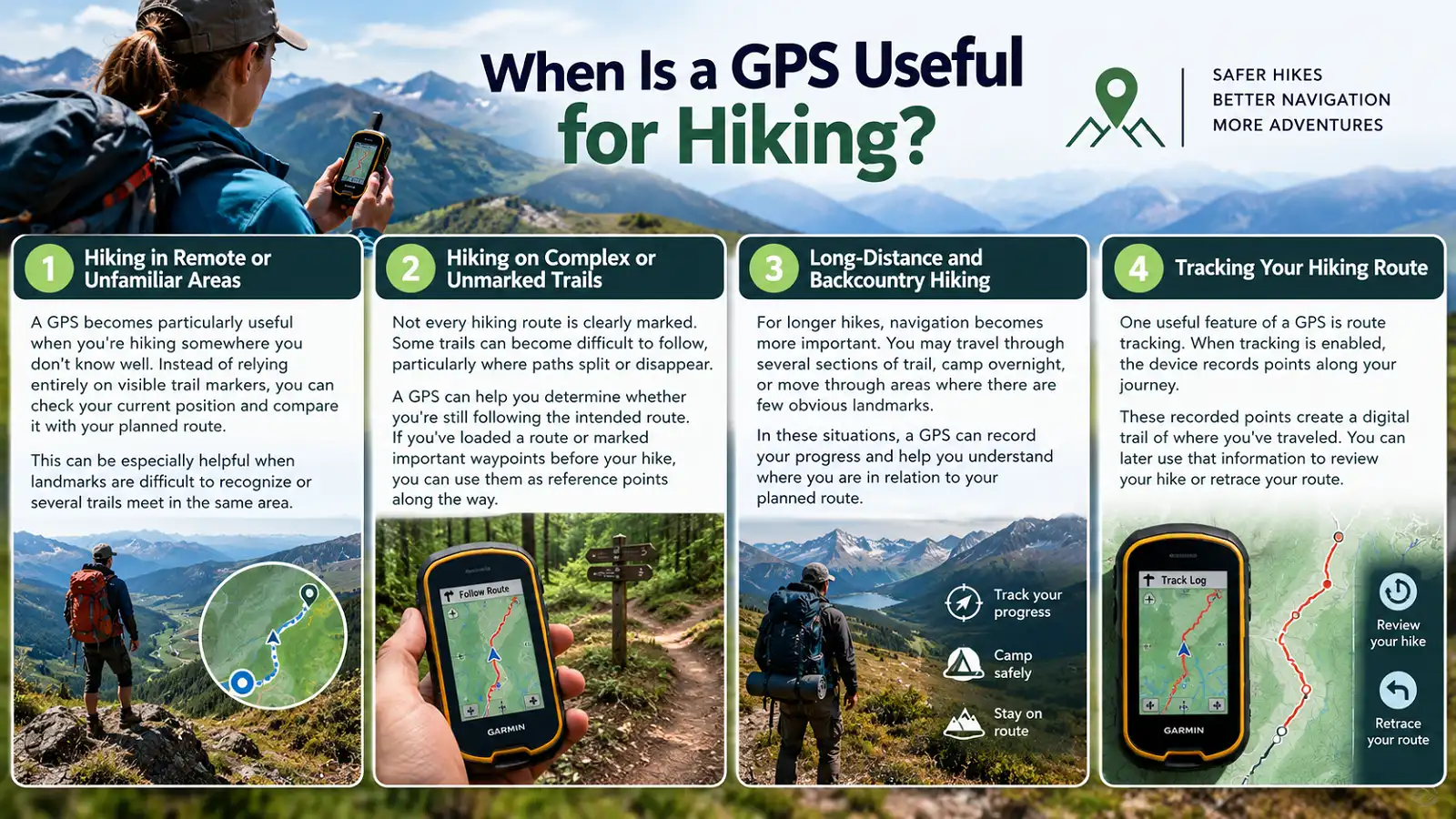 Hiking infographic showing four situations where GPS helps with navigation and route tracking