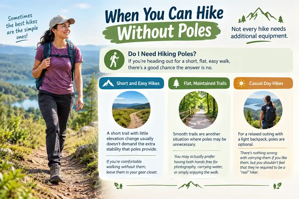 Woman hiking on an easy trail with an infographic explaining when hiking poles are unnecessary